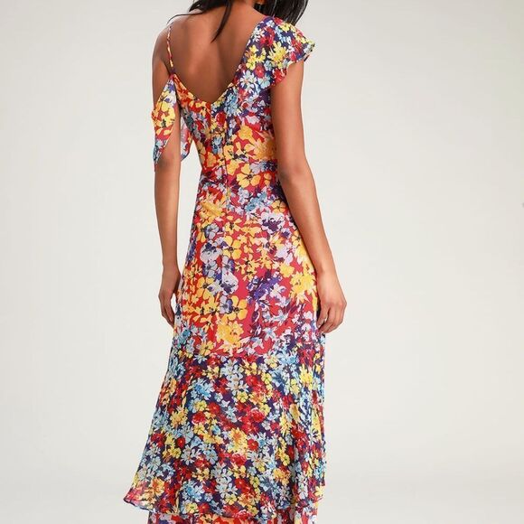 Lulu's Radiant Ruby Red Floral Print Chiffon Maxi Dress XS NWT - Picture 2 of 8